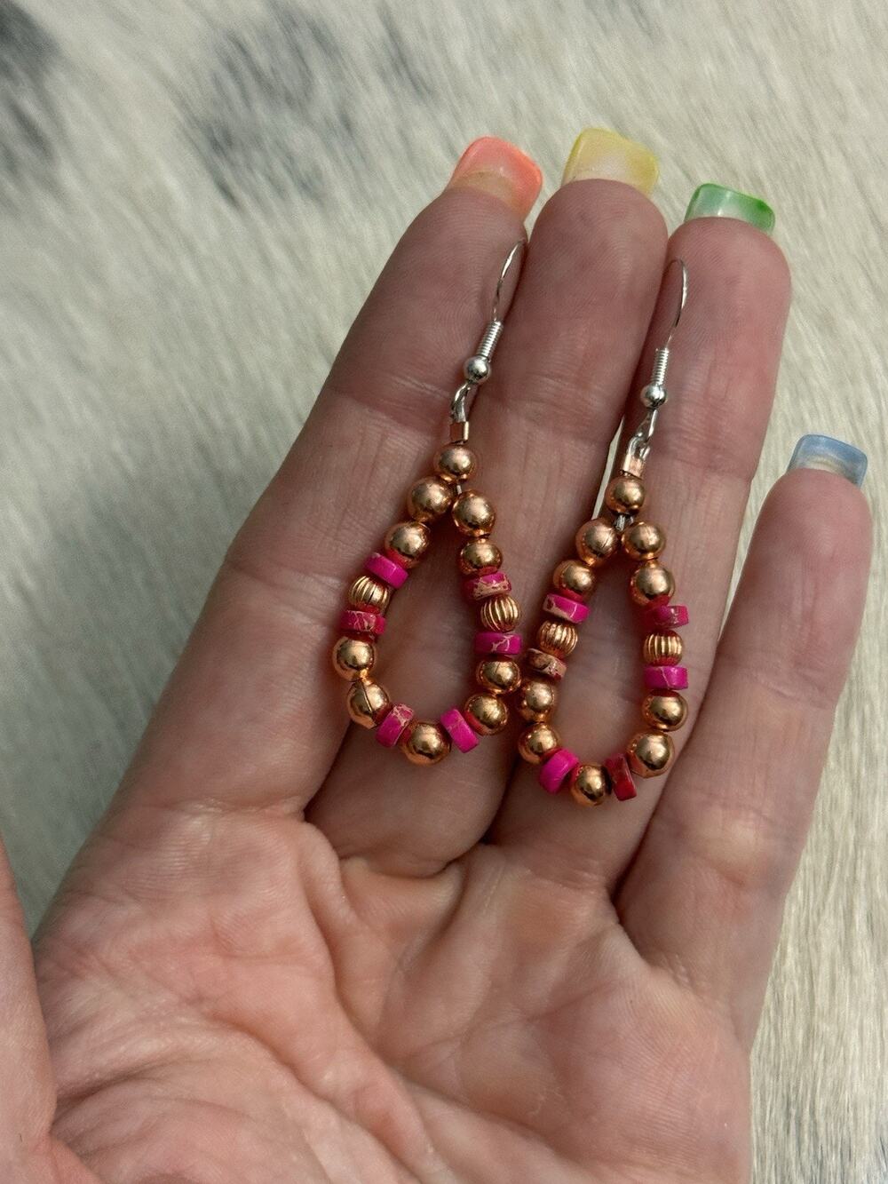 Copper Navajo Pearl Fluted Pumpkin Beaded Pink Jasper Heishi Hoop Earrings